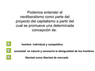 Podemos entender el
    neoliberalismo como parte del
 proyecto del capitalismo a partir del
 cual se promueve una determinada
           concepción de:


     hombre: individual y competitivo

sociedad: es natural y necesaria la desigualdad de los hombres

        libertad como libertad de mercado
 