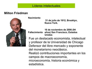 Líderes intelectuales

Milton Friedman
                  Nacimiento
                                31 de julio de 1912, Brooklyn,
                                Nueva York.

                                16 de noviembre de 2006 (94
                  Fallecimiento años) San Francisco, Estados
                                Unidos
                  Fue un destacado economista, intelectual
                  y profesor de la Universidad de Chicago
                  Defensor del libre mercado y exponente
                  del monetarismo neoclásico.
                  Realizó contribuciones importantes en los
                  campos de macroeconomía,
                  microeconomía, historia económica y
                  estadística.
 