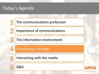 1The communications profession2Importance of communications3The information environment4Developing a strategy5Interacting with the media6Q&AToday’s Agenda