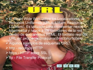 El World Wide Web utiliza los Localizadores de Recursos Uniformes (URLs, Uiform Resource Locators). Es utilizado para representar nexos hipermedia y nexos a los servidores de la red dentro de documentos HTML. El formato real del URL es: protocolo://máquina/directorio/fichero Algunos ejemplos de esquemas URL: http - recursos HTTP  https - HTTP sobre SSL  ftp - File Transfer Protocol URL 