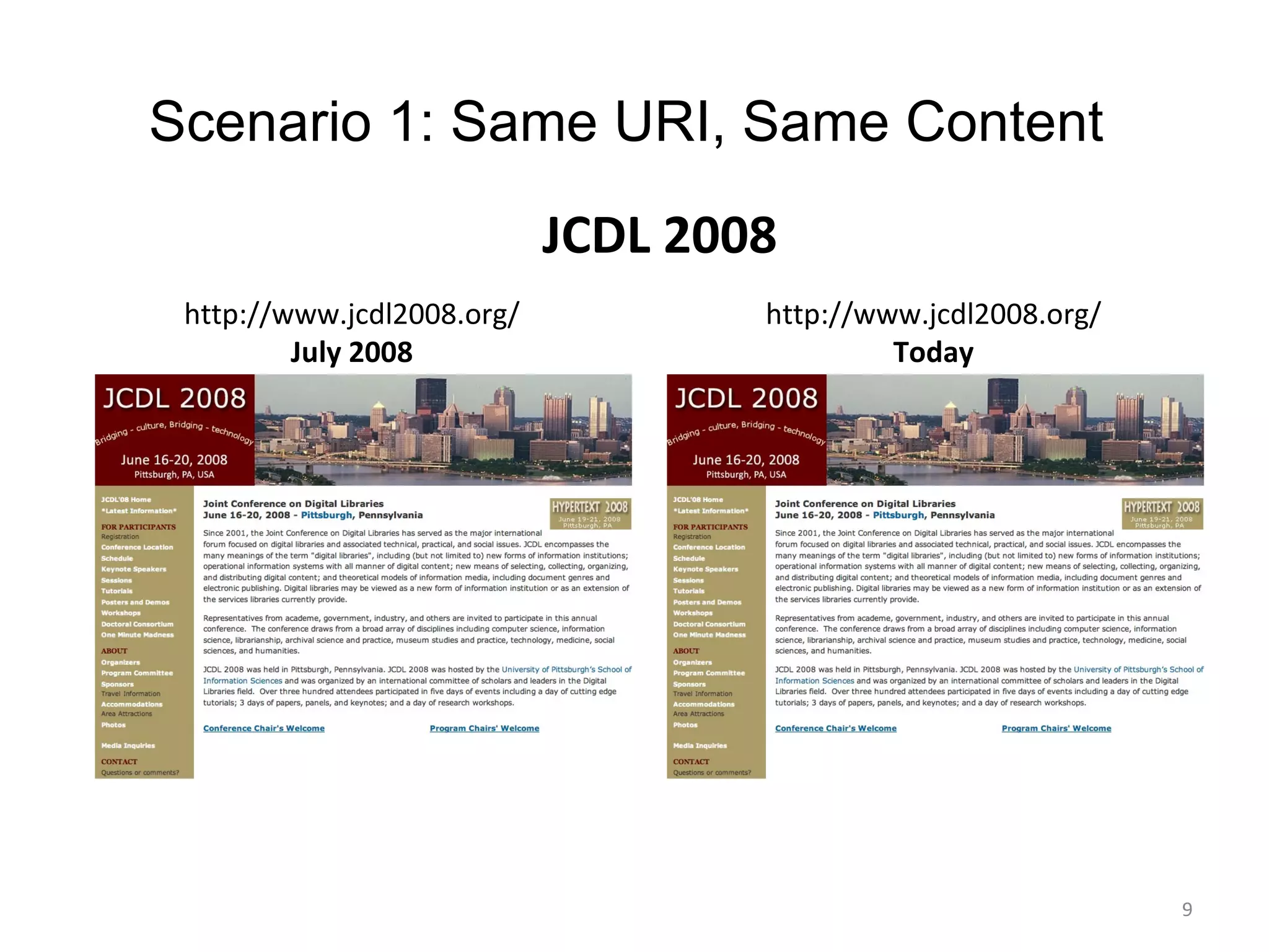 JCDL 2008 http://www.jcdl2008.org/ July 2008 http://www.jcdl2008.org/ Today Scenario 1: Same URI, Same Content