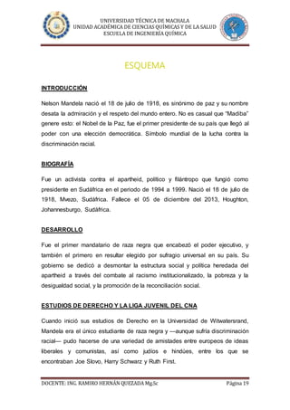 UNIVERSIDAD TÉCNICA DE MACHALA
UNIDAD ACADÉMICA DE CIENCIAS QUÍMICAS Y DE LA SALUD
ESCUELA DE INGENIERÍA QUÍMICA
DOCENTE: ING. RAMIRO HERNÁN QUEZADA Mg.Sc Página 19
ESQUEMA
INTRODUCCIÓN
Nelson Mandela nació el 18 de julio de 1918, es sinónimo de paz y su nombre
desata la admiración y el respeto del mundo entero. No es casual que “Madiba”
genere esto: el Nobel de la Paz, fue el primer presidente de su país que llegó al
poder con una elección democrática. Símbolo mundial de la lucha contra la
discriminación racial.
BIOGRAFÍA
Fue un activista contra el apartheid, político y filántropo que fungió como
presidente en Sudáfrica en el periodo de 1994 a 1999. Nació el 18 de julio de
1918, Mvezo, Sudáfrica. Fallece el 05 de diciembre del 2013, Houghton,
Johannesburgo, Sudáfrica.
DESARROLLO
Fue el primer mandatario de raza negra que encabezó el poder ejecutivo, y
también el primero en resultar elegido por sufragio universal en su país. Su
gobierno se dedicó a desmontar la estructura social y política heredada del
apartheid a través del combate al racismo institucionalizado, la pobreza y la
desigualdad social, y la promoción de la reconciliación social.
ESTUDIOS DE DERECHO Y LA LIGA JUVENIL DEL CNA
Cuando inició sus estudios de Derecho en la Universidad de Witwatersrand,
Mandela era el único estudiante de raza negra y —aunque sufría discriminación
racial— pudo hacerse de una variedad de amistades entre europeos de ideas
liberales y comunistas, así como judíos e hindúes, entre los que se
encontraban Joe Slovo, Harry Schwarz y Ruth First.
 