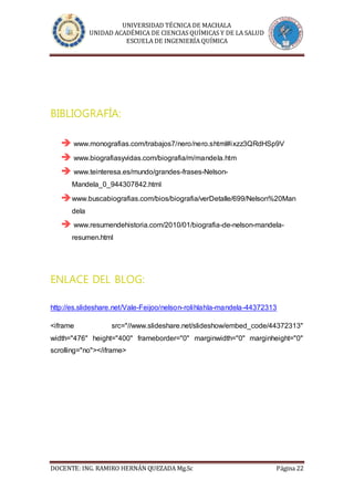UNIVERSIDAD TÉCNICA DE MACHALA
UNIDAD ACADÉMICA DE CIENCIAS QUÍMICAS Y DE LA SALUD
ESCUELA DE INGENIERÍA QUÍMICA
DOCENTE: ING. RAMIRO HERNÁN QUEZADA Mg.Sc Página 22
BIBLIOGRAFÍA:
 www.monografias.com/trabajos7/nero/nero.shtml#ixzz3QRdHSp9V
 www.biografiasyvidas.com/biografia/m/mandela.htm
 www.teinteresa.es/mundo/grandes-frases-Nelson-
Mandela_0_944307842.html
www.buscabiografias.com/bios/biografia/verDetalle/699/Nelson%20Man
dela
 www.resumendehistoria.com/2010/01/biografia-de-nelson-mandela-
resumen.html
ENLACE DEL BLOG:
http://es.slideshare.net/Vale-Feijoo/nelson-rolihlahla-mandela-44372313
<iframe src="//www.slideshare.net/slideshow/embed_code/44372313"
width="476" height="400" frameborder="0" marginwidth="0" marginheight="0"
scrolling="no"></iframe>
 