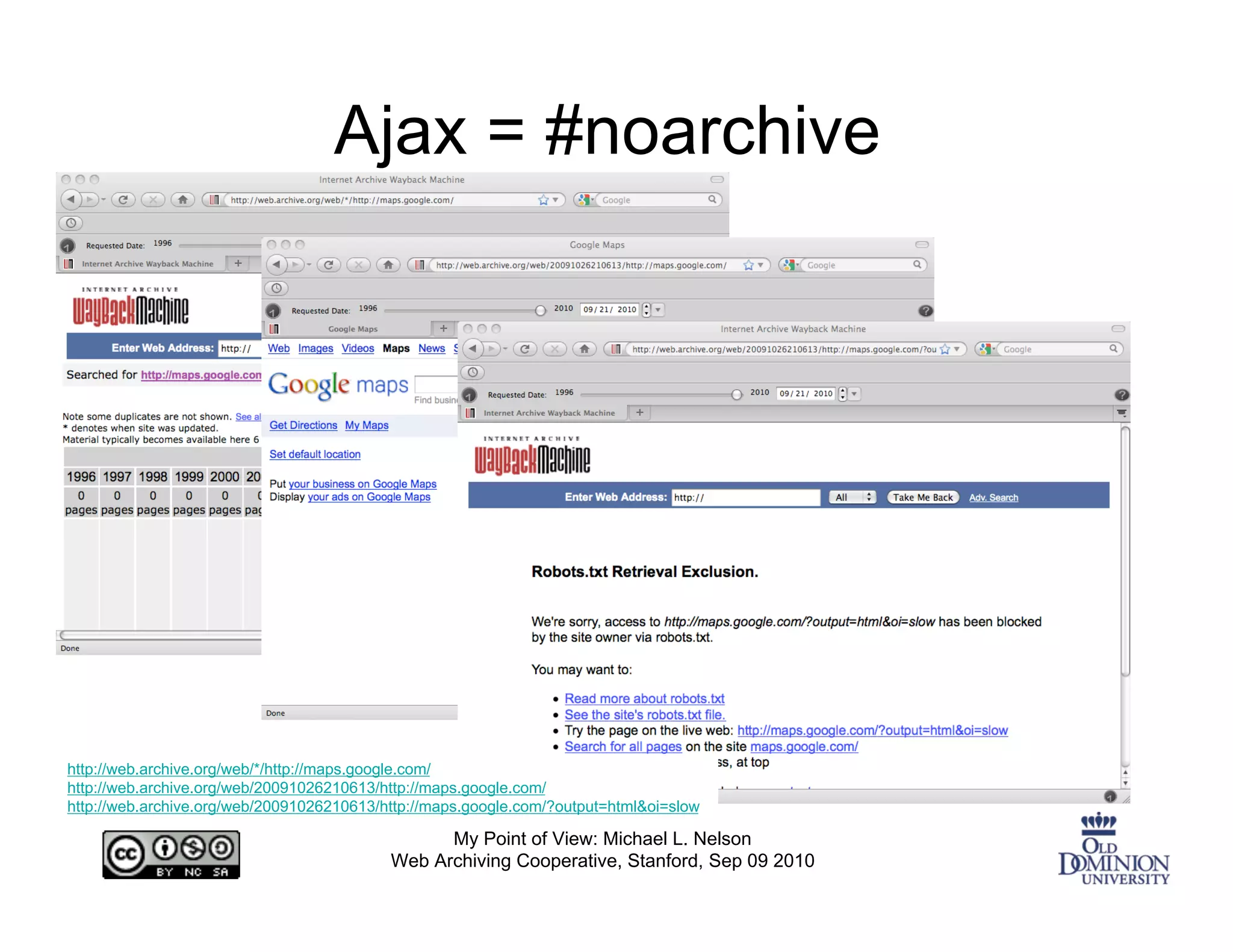 Ajax = #noarchive




http://web.archive.org/web/*/http://maps.google.com/
http://web.archive.org/web/20091026210613/http://maps.google.com/
http://web.archive.org/web/20091026210613/http://maps.google.com/?output=html&oi=slow

                                                 My Point of View: Michael L. Nelson
                                           Web Archiving Cooperative, Stanford, Sep 09 2010
 