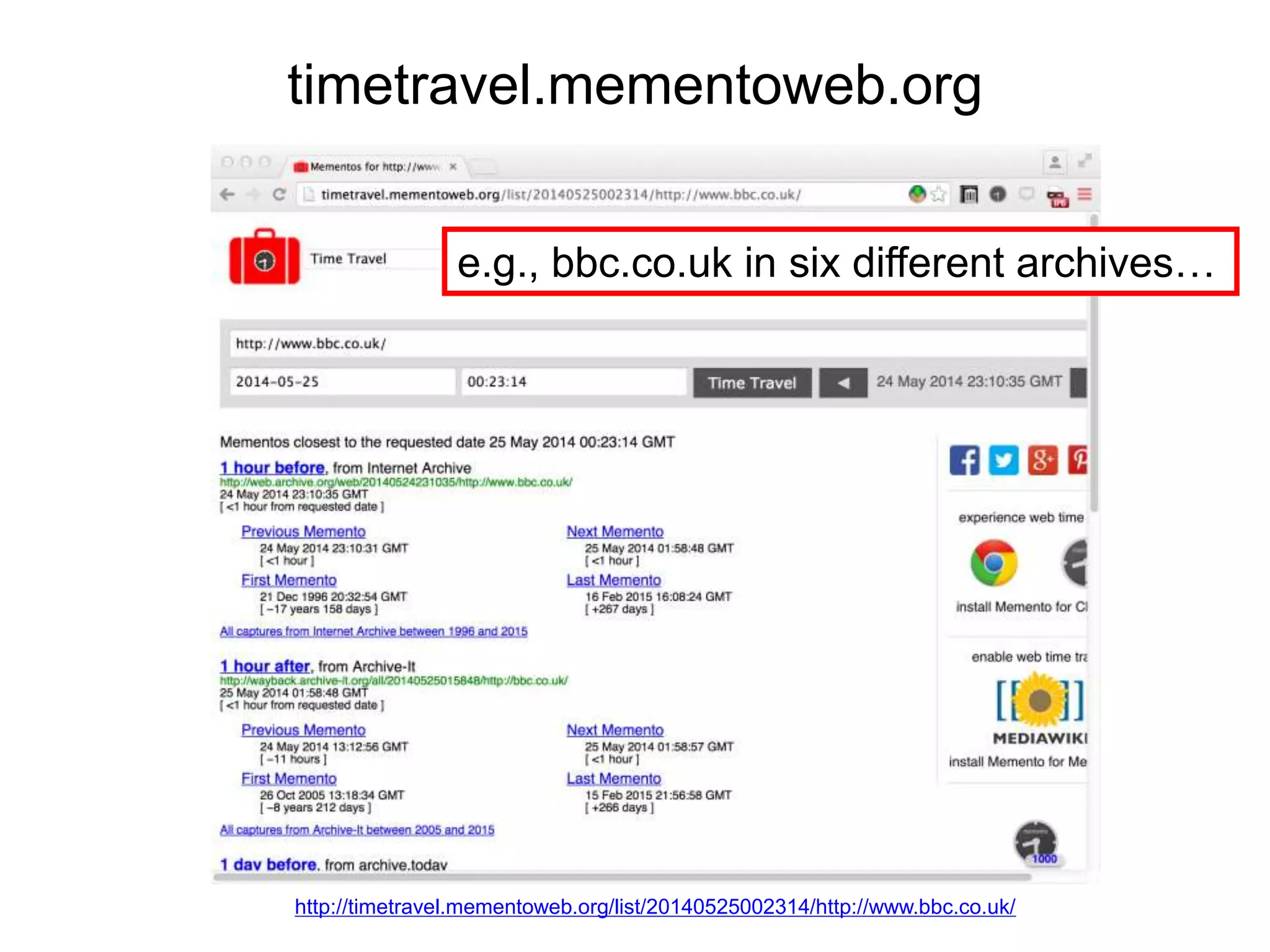 timetravel.mementoweb.org
http://timetravel.mementoweb.org/list/20140525002314/http://www.bbc.co.uk/
e.g., bbc.co.uk in six different archives…