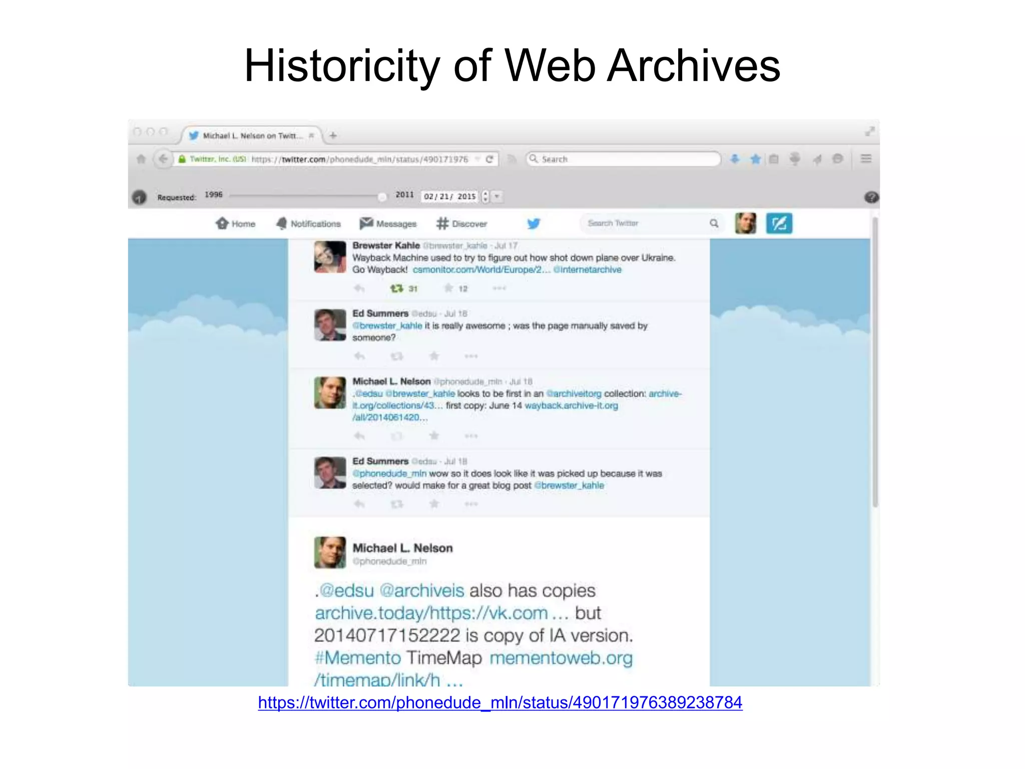 Historicity of Web Archives
https://twitter.com/phonedude_mln/status/490171976389238784