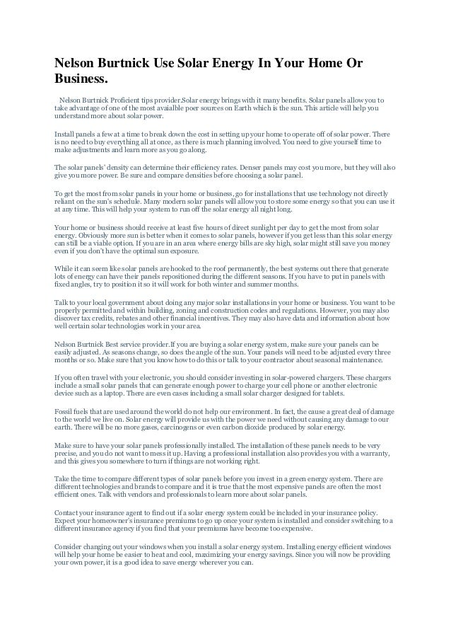 Nelson Burtnick Use Solar Energy In Your Home Or Business