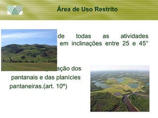 Área de Uso Restrito



Manutenção       de    todas    as    atividades
agrossilvipastoris em inclinações entre 25 e 45°
(art. 11);

•Permite a exploração dos
 pantanais e das planícies
pantaneiras.(art. 10º)
 