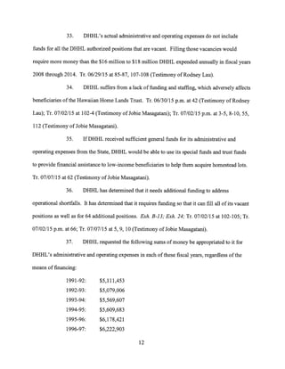 33. DHHL's actual administrative and operating expenses do not include
funds for all the DHHL authorized positions that are vacant. Filling those vacancies would
require more money than the $16 million to $18 million DHHL expended annually in fiscal years
2008 through 2014. Tr. 06/29/15 at 85-87, 107-108 (Testimony of Rodney Lau).
34. DHHL suffers from a lack of funding and staffing, which adversely affects
beneficiaries of the Hawaiian Home Lands Trust. Tr. 06/30/15 p.m. at 42 (Testimony of Rodney
Lau); Tr. 07/02/15 at 102-4 (Testimony of Jobie Masagatani); Tr. 07/02/15 p.m. at 3-5, 8-10, 55,
112 (Testimony of Jobie Masagatani).
35. If DHHL received sufficient general funds for its administrative and
operating expenses from the State, DHHL would be able to use its special funds and trust funds
to provide financial assistance to low-income beneficiaries to help them acquire homestead lots.
Tr. 07/07/15 at 62 (Testimony of Jobie Masagatani).
36. DHHL has determined that it needs additional funding to address
operational shortfalls. It has determined that it requires funding so that it can fill all of its vacant
positions as well as for 64 additional positions. Exh. B-13; Exh. 24; Tr. 07/02/15 at 102-105; Tr.
07/02/15 p.m. at 66; Tr. 07/07/15 at 5, 9, 10 (Testimony of Jobie Masagatani).
37. DHHL requested the following sums of money be appropriated to it for
DHHL's administrative and operating expenses in each of these fiscal years, regardless of the
means of financing:
1991-92: $5,111,453
1992-93: $5,079,006
1993-94: $5,569,607
1994-95: $5,609,683
1995-96: $6,178,421
1996-97: $6,222,903
12
 