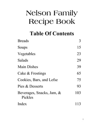 Nelson Family
      Recipe Book
         Table Of Contents
Breads                        3
Soups                        15
Vegetables                   23
Salads                       29
Main Dishes                  39
Cake & Frostings             65
Cookies, Bars, and Lefse     75
Pies & Desserts              93
Beverages, Snacks, Jam, &    103
  Pickles
Index                        113


                                   1
 