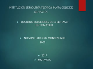INSTITUCION EDUCATIVA TECNICA SANTA CRUZ DE
MOTAVITA
 LOS BIRUS SOLUCIONES DE EL SISTEMAS
INFORMATICO
 NELSON FELIPE CUY MONTENEGRO
1002
 2017
 MOTAVITA
 