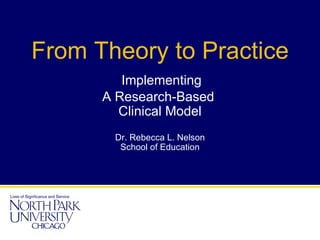 From Theory to Practice
         Implementing
      A Research-Based
        Clinical Model
       Dr. Rebecca L. Nelson
        School of Education
 