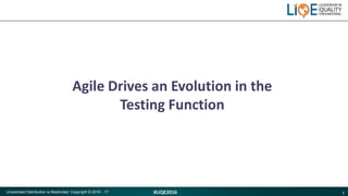 1#LIQE2016Unsolicited Distribution is Restricted. Copyright © 2016 - 17
Agile Drives an Evolution in the
Testing Function
 