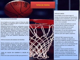 TIPOS DE FINTAS
FINTA DE SALIDA EN REVERSO
Con el balón en la mano, iniciar la finta de salida
en dribling. Si el defensor gana la posición puedo
hacer salida en reverso.
Adelantar primero una pierna, realizando el mismo
movimiento que en la finta de salida en dribling,
para rápidamente girar el cuerpo y el balón hacia
el lado contrario mediante un pivote llevando el
pie más adelantado hacia atrás. Siempre el cuerpo
flexionado. Al terminar de realizar el pivote se
echa el balón al suelo, botándolo con la mano
contraria al pie que habíamos adelantado en un
principio.
FINTA DE SALIDA CON AMAGO DE REVERSO
Misma mecánica que la anterior, pero al hacer el
pivote he girado la cabeza y si veo que el defensor
me ha ganado la posición, pivotar nuevamente
hacia el otro lado y salir rápido ganando la posición
al defensor e interponiendo mi cuerpo entre él y el
balón, para, como siempre, protegerlo al máximo.
FINTA DE SALIDA SIN CAMBIAR EL BALÓN DE
MANO
Fintar con el pie contrario al lado que queremos ir.
FINTA DE CABEZA
Con el balón en las manos erguir el
cuerpo, al mismo tiempo que levantamos
la cabeza como si fuéramos a dar un salto
(el defensor creerá que vamos a dar un
pase o tirar a canasta)
Cruzar por delante del defensor una de
nuestras piernas, dando un bote de
protección entre éllas con la mano
contraria a la pierna que hemos
adelantado, a la vez que interponemos
nuestro cuerpo entre el balón y el
defensor, para salir rápido y explosivo.
FINTA DE TIRO. Quizás de las más
conocidas y utilizadas. Su objetivo es
lograr que el defensor pierda su posición o
su equilibrio en su afán de dificultar
nuestro tiro. para una vez conseguido este
objetivo continuar con cualquier otro
movimiento.
El jugador inicia la acción de tirar a
canasta, usando el balón, los brazos, la
cabeza y el tronco, manteniendo las
piernas flexionadas y equilibradas para
poder desarrollar correctamente la acción
posterior.
 