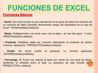 Funciones Básicas
• Suma: Con esta función lo que calculamos es la suma de todos los números de
un conjunto de datos (también denominado rango) Se representa en la hoja de
Excel: =SUMA(celda(s):celda(s)).
• Resta: Análogamente a la suma, pero con el signo - en vez del signo:. Y será:
=RESTA(celda(s)-celda(s)).
• Producto: Multiplica todos los números obteniendo el producto de dichos
números. Aparecerá: =PRODUCTO(celda(s);celda(s)).
• Dividir: De forma similar al producto. La formula aparecerá
=DIVIDIR((celda(s)/celda(s)).
• Porcentaje, %: Excel nos calcula el tanto por ciento de una serie de datos,
dividiendo la cantidad entre el total. La expresión de esta función es =
PRODUCTO(%; celda(s)).
 