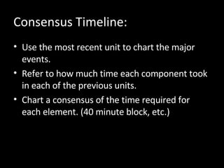 Consensus Timeline: Use the most recent unit to chart the major events. Refer to how much time each component took in each of the previous units. Chart a consensus of the time required for each element. (40 minute block, etc.) 
