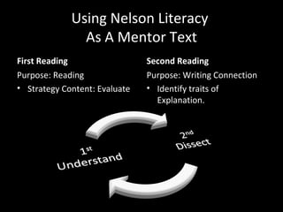 Using Nelson Literacy  As A Mentor Text First Reading Purpose: Reading Strategy Content: Evaluate Second Reading Purpose: Writing Connection Identify traits of Explanation.  