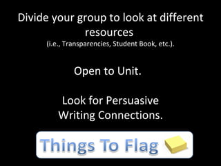 Divide your group to look at different resources  (i.e., Transparencies, Student Book, etc.). Open to Unit.  Look for Persuasive Writing Connections. 