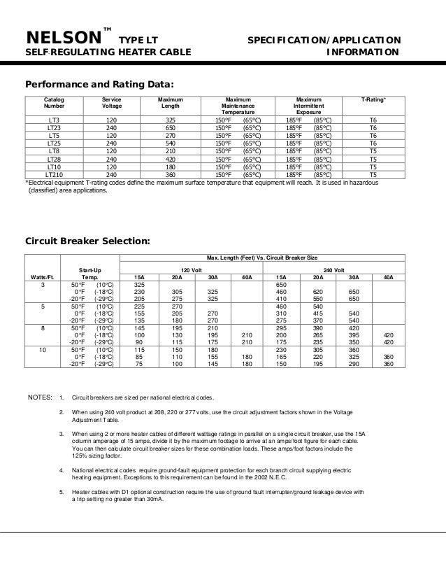 Nelson LT3 Heat Tracing Cable Spec Sheet