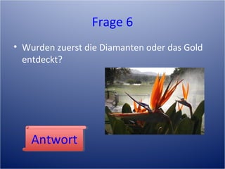 Frage 6
• Wurden zuerst die Diamanten oder das Gold
entdeckt?
AntwortAntwort
 