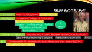 BRIEF BIOGRAPHY
@school: Went to Healdtown To earn repute
@college: University College of Fort Hare
Bachelor of Arts degree
English Anthropology Politics
Native Administration
1
Year
Roman Dutch Law
@theendoffirstyear Involved in a Student Representative Council boycott
foodTemporary SuspensionLeft without receiving a degree
But! Complete BA @ University of South Africa and went back @UCFH
For graduation in 1943
 