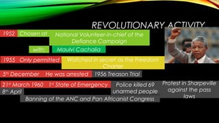 REVOLUTIONARY ACTIVITY
1952 Chosen at National Volunteer-in-chief of the
Defiance Campaign
with: Maulvi Cachalia
1955 Only permitted Watched in secret as the Freedom
Charter
5th
December He was arrested 1956 Treason Trial
21st
March 1960 1st
State of Emergency Police killed 69
unarmed people
Protest in Sharpeville
against the pass
lawsBanning of the ANC and Pan Africanist Congress
8th
April
 