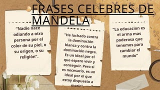 “Nadie nace
odiando a otra
persona por el
color de su piel, o
su origen, o su
religión”.
"He luchado contra
la dominación
blanca y contra la
dominación negra.
Es un ideal por el
que espero vivir y
conseguir. Pero si
es necesario, es un
ideal por el que
estoy dispuesto a
morir".
“La educacion es
el arma mas
poderosa que
tenemos para
cambiar el
mundo”
FRASES CELEBRES DE
MANDELA
 