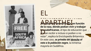 "El apartheid determinaba, en función
de la raza, dónde podían vivir y trabajar
los sudafricanos, el tipo de educación que
podían recibir e incluso si podían o no
votar", explica la Enciclopedia Britannica.
En este caso, se privaba del derecho al
voto a la población negra, la inmensa
mayoría en Sudáfrica.
EL
APARTHEI
D
 