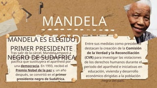 MANDELA
PRESIDENTE
MANDELA ES ELEGIDO
PRIMER PRESIDENTE
NEGRO DE SUDÁFRICA
Tras salir de la cárcel, Mandela empezó a
negociar con el gobierno una transición
pacífica que sustituyera el apartheid por
una democracia. En 1993, recibió el
Premio Nobel de la paz y, un año
después, se convirtió en el primer
presidente negro de Sudáfrica.
Entre sus medidas como presidente
destacan la creación de la Comisión
de la Verdad y la Reconciliación
(CVR) para investigar las violaciones
de los derechos humanos durante el
periodo del apartheid e iniciativas en
educación, vivienda y desarrollo
económico dirigidas a la población
negra del país.
 