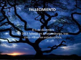 INFANCIA YPolítica
Actividad JUVENTUD
FALLECIMIENTO
Fallecimiento

El 5 de diciembre
de 2013 falleció en Johannesburgo, tras
cinco meses en estado crítico.
El 5 de diciembre
de 2013 falleció en Johannesburgo, tras
cinco meses en estado crítico.

 