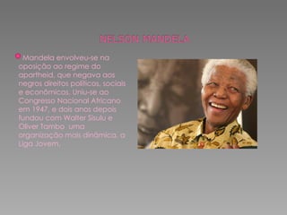 Mandela envolveu-se na oposição ao regime do apartheid, que negava aos negros direitos políticos, sociais e econômicos. Uniu-se ao Congresso Nacional Africano em 1947, e dois anos depois fundou com Walter Sisulu e Oliver Tambo  uma organização mais dinâmica, a Liga Jovem. 