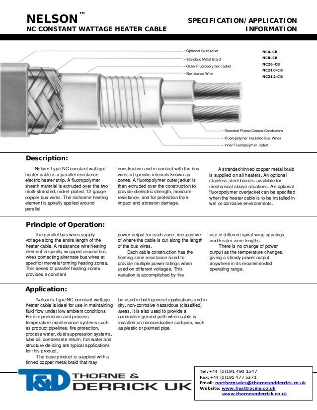 Nelson NC212 Heat Tracing Cable Spec Sheet