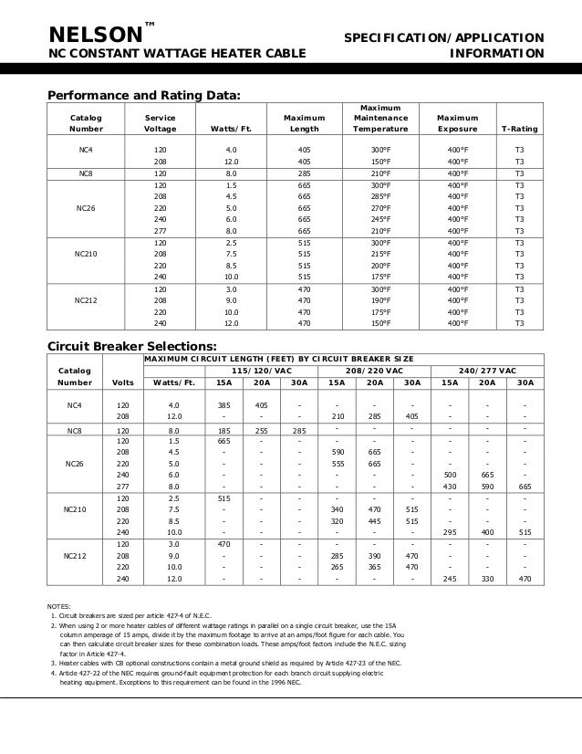 Nelson NC212 Heat Tracing Cable Spec Sheet