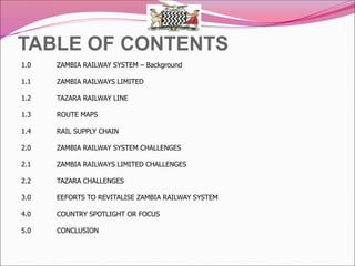 TABLE OF CONTENTS
1.0 ZAMBIA RAILWAY SYSTEM – Background
1.1 ZAMBIA RAILWAYS LIMITED
1.2 TAZARA RAILWAY LINE
1.3 ROUTE MAPS
1.4 RAIL SUPPLY CHAIN
2.0 ZAMBIA RAILWAY SYSTEM CHALLENGES
2.1 ZAMBIA RAILWAYS LIMITED CHALLENGES
2.2 TAZARA CHALLENGES
3.0 EEFORTS TO REVITALISE ZAMBIA RAILWAY SYSTEM
4.0 COUNTRY SPOTLIGHT OR FOCUS
5.0 CONCLUSION
 