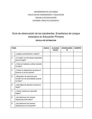 UNIVERSIDAD​ ​DE​ ​LOS​ ​ANDES
FACULTAD​ ​DE​ ​HUMANIDADES​ ​Y​ ​EDUCACIÓN
ESCUELA​ ​DE​ ​EDUCACIÓN
CATEDRA:​ ​PRACTICA​ ​DOCENTE​ ​I
Guía​ ​de​ ​observación​ ​de​ ​los​ ​estudiantes.​ ​Enseñanza​ ​de​ ​Lengua
extranjera​ ​en​ ​Educación​ ​Primaria
ESCALA​ ​DE​ ​ESTIMACION
ITEMS NUNCA ALGUNAS
VECES
GENERALMEN
TE
SIEMPRE
1 ¿Llegan​ ​puntualmente​ ​a​ ​clases?
2 ¿Cumplen​ ​con​ ​las​ ​tareas​ ​asignadas
para​ ​el​ ​hogar?
3 ¿Traen​ ​el​ ​material​ ​a​ ​utilizar​ ​durante
la​ ​clase?
4 ¿Tienen​ ​la​ ​disposición​ ​de​ ​pasar​ ​al
pizarrón​ ​si​ ​se​ ​les​ ​solicita?
5 ¿Requieren​ ​de​ ​estímulo​ ​para
cumplir​ ​con​ ​las​ ​actividades​ ​durante
la​ ​clase?
6 ¿Hay​ ​faltas​ ​de​ ​atención​ ​durante​ ​la
clase?
7 ¿Tienen​ ​interés​ ​por​ ​aprender
Inglés?
8 ¿Se​ ​relacionan​ ​de​ ​manera
respetuosa​ ​entre​ ​ellos?
9 ¿Se​ ​relacionan​ ​de​ ​manera
respetuosa​ ​con​ ​el​ ​docente?
 