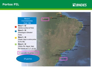 Blocos e 
# arrendamentos 
(Total 159) 
Bloco 1 – 52 
(Santos e portos do Pará) 
Bloco 2 – 39 
(Paranaguá e Salvador/ 
Aratu) 
Bloco 3 – 36 
(Suape, Itaqui e outros portos 
do N e NE) 
Bloco 4 – 32 
(Vitória, Rio. Itaguaí. Itajaí, 
Rio Grande and S. F. do Sul) 
2 Concessões de portos 
25 portos 
Portos PIL 
 