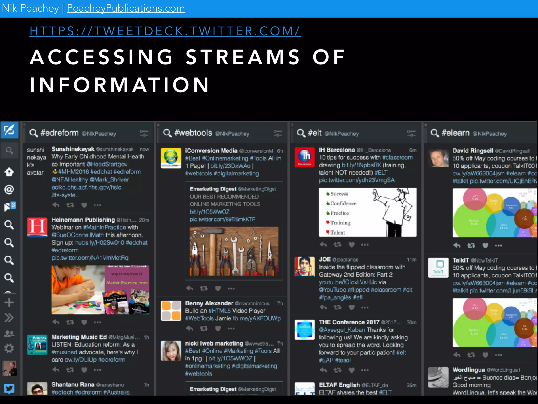 A C C E S S I N G S T R E A M S O F
I N F O R M AT I O N
H T T P S : / / T W E E T D E C K . T W I T T E R . C O M /
Nik Peachey | PeacheyPublications.com
 