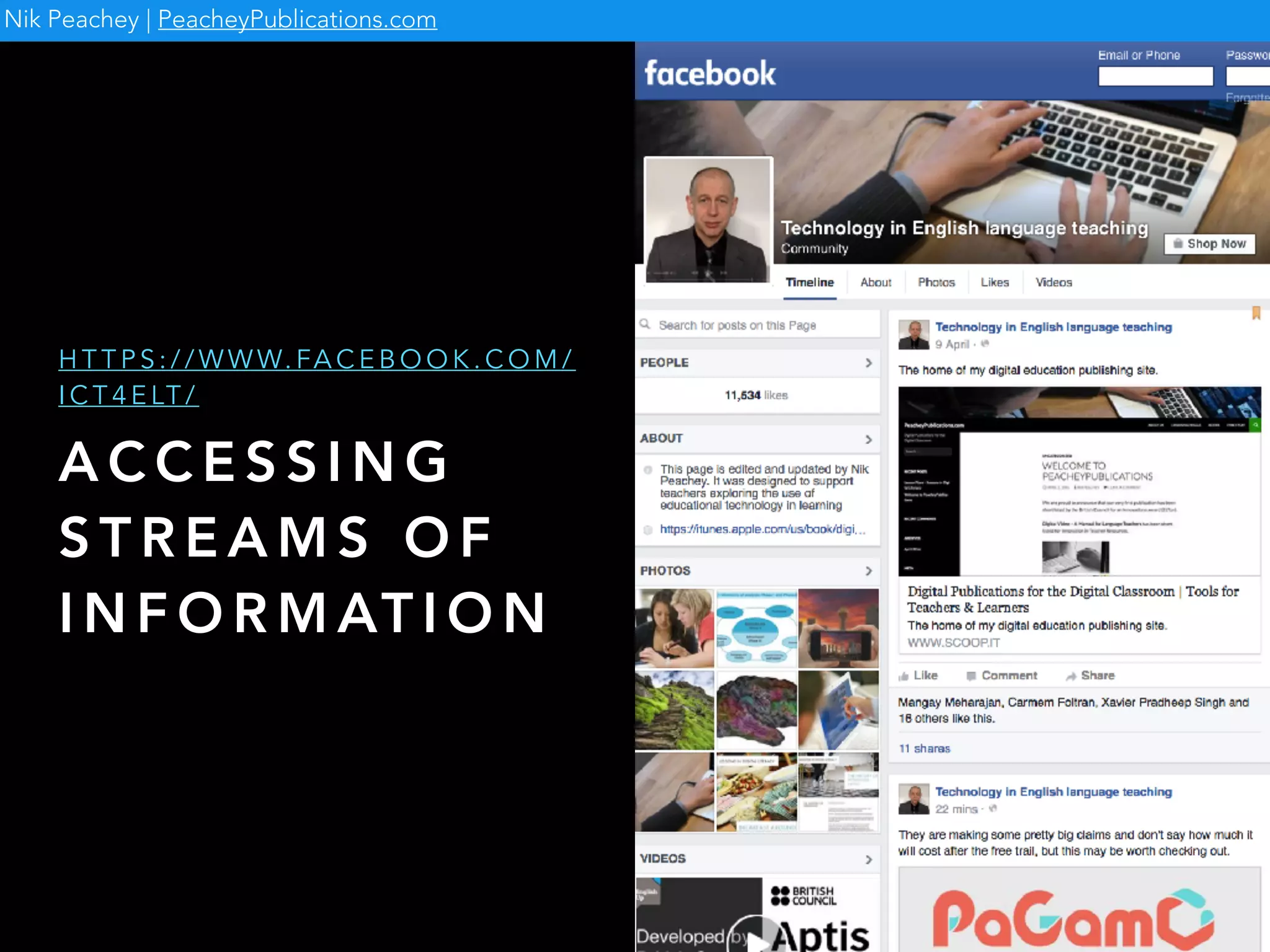 A C C E S S I N G
S T R E A M S O F
I N F O R M AT I O N
H T T P S : / / W W W. FA C E B O O K . C O M /
I C T 4 E LT /
Nik Peachey | PeacheyPublications.com
 