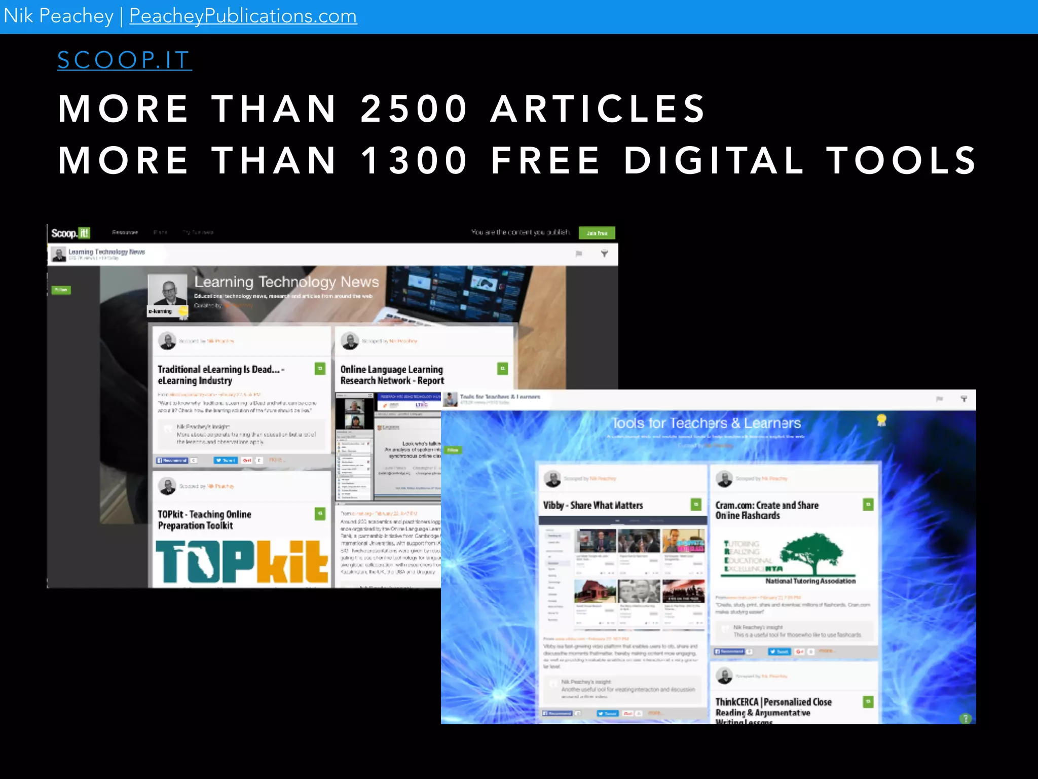 M O R E T H A N 2 5 0 0 A RT I C L E S
M O R E T H A N 1 3 0 0 F R E E D I G I TA L T O O L S
S C O O P. I T
Nik Peachey | PeacheyPublications.com
 