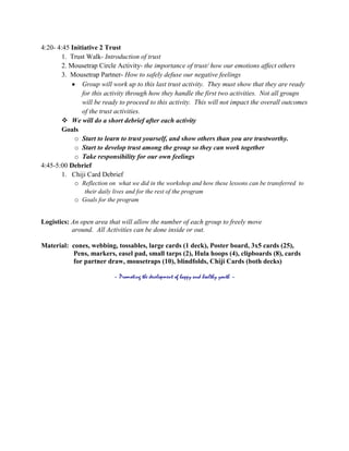 4:20- 4:45 Initiative 2 Trust
        1. Trust Walk- Introduction of trust
        2. Mousetrap Circle Activity- the importance of trust/ how our emotions affect others
        3. Mousetrap Partner- How to safely defuse our negative feelings
               Group will work up to this last trust activity. They must show that they are ready
               for this activity through how they handle the first two activities. Not all groups
               will be ready to proceed to this activity. This will not impact the overall outcomes
               of the trust activities.
         We will do a short debrief after each activity
        Goals
            o Start to learn to trust yourself, and show others than you are trustworthy.
            o Start to develop trust among the group so they can work together
            o Take responsibility for our own feelings
4:45-5:00 Debrief
        1. Chiji Card Debrief
            o Reflection on what we did in the workshop and how these lessons can be transferred to
               their daily lives and for the rest of the program
            o Goals for the program


Logistics: An open area that will allow the number of each group to freely move
           around. All Activities can be done inside or out.

Material: cones, webbing, tossables, large cards (1 deck), Poster board, 3x5 cards (25),
          Pens, markers, easel pad, small tarps (2), Hula hoops (4), clipboards (8), cards
          for partner draw, mousetraps (10), blindfolds, Chiji Cards (both decks)

                           ~ Promoting the development of happy and healthy youth ~
 