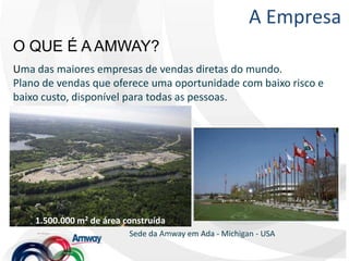 A EmpresaO QUE É A AMWAY?Uma das maiores empresas de vendas diretas do mundo.Plano de vendas que oferece uma oportunidade com baixo risco e baixo custo, disponível para todas as pessoas.1.500.000 m2 de área construídaSededa Amway emAda - Michigan - USA