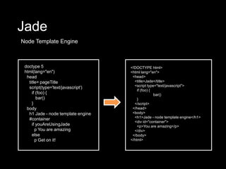 Jade
Node Template Engine



 doctype 5                          <!DOCTYPE html>
 html(lang="en")                    <html lang="en">
  head                               <head>
   title= pageTitle                   <title>Jade</title>
                                      <script type="text/javascript">
   script(type='text/javascript')
                                        if (foo) {
     if (foo) {                                    bar()
        bar()                           }
     }                                </script>
  body                               </head>
   h1 Jade - node template engine    <body>
                                      <h1>Jade - node template engine</h1>
   #container
                                      <div id="container">
     if youAreUsingJade                 <p>You are amazing</p>
       p You are amazing              </div>
     else                            </body>
       p Get on it!                 </html>
 
