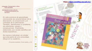 Lenguajes, Pensamiento crítico
Vida saludable
Apropiación de las culturas
a través de la lectura y la
escritura
En esta aventura de aprendizaje,
reconocerás las características de la
descripción, la comparación y el
contraste de la información.
También, identificarás un problema,
sus soluciones, causas y
consecuencias. Finalmente,
elaborarás una revista científica con
textos expositivos…
De manera individual, sin olvidar
que eres parte de una comunidad,
dibuja en tu cuaderno…
(Proyectos escolares, Tercer grado, p. 10)
https://www.conaliteg.sep.gob.mx/
.
15
 