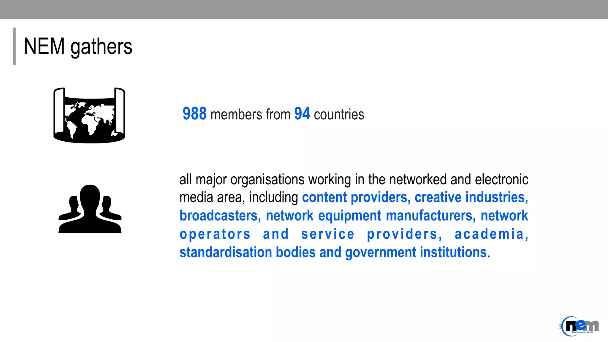 NEM gathers
988 members from 94 countries
all major organisations working in the networked and electronic
media area, including content providers, creative industries,
broadcasters, network equipment manufacturers, network
operators and service providers, academia,
standardisation bodies and government institutions.
3	
  
 