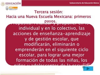Subsecretaría de Educación Básica
Tercera sesión:
Hacia una Nueva Escuela Mexicana: primeros
pasos.Propósito: Analizar y proponer en lo
individual y en lo colectivo, las
acciones de enseñanza-aprendizaje
y de gestión escolar, que
modificarán, eliminarán o
emprenderán en el siguiente ciclo
escolar, para lograr una mejor
formación de todas las niñas, los
niños y adolescentes de la escuela.2´ 48´´
E3
 