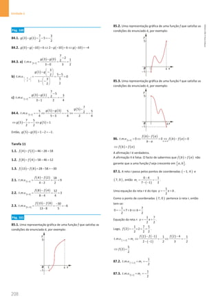 208
Unidade 4
208 Unidade 4 – NEMA11PR (20152608)
Pág. 160
84.1. ( ) ( )
7 3
3 1 5
2 2
g g
− = − =
−
84.2. ( ) ( ) ( ) ( )
0 10 6 2 10 6 10 4
g g g g
− − =
⇔ − − =
⇔ − =
−
84.3. a) [ ]
( ) ( )
0,3
7
2
3 0 1
2
. . .
3 0 3 2
g g
t m v
−
−
= = =
−
b)
( )
3
, 1
2
3
1
5 5
2
. . . 0
5
3
1
2
2
g g
t m v  
−
 
 
 
− −
  −
 
= = =
 
− −
 
 
c) [ ]
( ) ( )
1,3
7
5
3 1 3
2
. . .
3 1 2 4
g g
t m v
−
−
= = = −
−
84.4. [ ]
( ) ( ) ( )
3,5
7
5
5 3
5 5 5
2
. . .
4 5 3 4 2 4
g
g g
t m v
−
−
=
− ⇔ =
− ⇔ =
−
−
( ) ( )
7 5
5 5 1
2 2
g g
⇔ − =
− ⇔ =
Então, ( ) ( )
5 0 1 2 1
g g
− = − =
− .
Tarefa 11
1.1. ( ) ( )
4 2 46 28 18
f f
− = − =
1.2. ( ) ( )
8 4 58 46 12
f f
− = − =
1.3. ( ) ( )
13 8 28 58 30
f f
− = − =
−
2.1. [ ]
( ) ( )
2,4
4 2 18
. . . 9
4 2 2
f f
t m v
−
= = =
−
2.2. [ ]
( ) ( )
4 ,8
8 4 12
. . . 3
8 4 4
f f
t m v
−
= = =
−
2.3. [ ]
( ) ( )
8 ,13
13 8 30
. . . 6
13 8 5
f f
t m v
− −
= = = −
−
Pág. 161
85.1. Uma representação gráfica de uma função f que satisfaz as
condições do enunciado é, por exemplo:
85.2. Uma representação gráfica de uma função f que satisfaz as
condições do enunciado é, por exemplo:
85.3. Uma representação gráfica de uma função f que satisfaz as
condições do enunciado é, por exemplo:
86. [ ]
( ) ( )
( ) ( )
, 0
. . . 0 0 0
a b b a
f b f a
t m v f b f a
b a − 
−
 ⇔  ⇔ − 
−
( ) ( )
f b f a
⇔ 
A afirmação I é verdadeira.
A afirmação II é falsa. O facto de sabermos que ( ) ( )
f b f a
 não
garante que a uma função f seja crescente em [ ]
,
a b .
87.1. A reta r passa pelos pontos de coordenadas ( )
1, 4
− e
( )
7, 0 , então
( )
0 4 1
7 1 2
r
m
−
= = −
− −
.
Uma equação da reta r é do tipo
1
2
y x b
=
− + .
Como o ponto de coordenadas ( )
7, 0 pertence à reta r, então
tem-se:
1 7
0 7
2 2
b b
=
− × + ⇔ =
Equação da reta r:
1 7
2 2
y x
=
− + .
Logo, ( )
1 7 5
2 2
2 2 2
f =
− × + = .
[ ]
( ) ( )
( )
( )
1,2
2 1 2 4
1 1
. . .
2 1 2 3 2
r
f f f
t m v m
−
− − −
= ⇔ =
− ⇔ =
−
− −
( )
5
2
2
f
⇔ =
87.2. [ ]
1,2
1
. . .
2
r
t m v m
−
= = −
87.3. [ ]
2,
1
. . .
2
r
k
t m v m
= = −
NEMA11PR
©
Porto
Editora
 