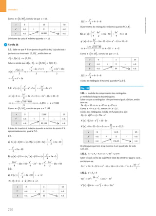 220
Unidade 4
220 Unidade 4 – NEMA11PR (20152608)
Como ] [
0, 30
x∈ , conclui-se que 10
x = .
x 0 10 30
v′ n.d. + 0 − n.d.
v n.d. 16 000 n.d.
O volume da caixa é máximo quando 10
x = .
Tarefa 16
1.1. Sabe-se que P é um ponto do gráfico de f cuja abcissa x
pertence ao intervalo ] [
0, 10 , então tem-se
( )
( ) ] [
, , 0, 10
P x f x x∈ .
Sabe-se ainda que ( ) ] [
, 0 , 0,10
Q x x∈ e ( )
0, 5
C .
( )
( )
2 3
2
2 5 5 2 10
5 4 4
2 2 2
x x
x x x
f x
a x x x
− + + + − + +
+
= ×
= ×
=
3
2
5
8
x
x x
=
− + +
1.2. ( )
3 2
2 3
5 2 5
8 8
x x
a x x x x
′
 
′ =
− + + =
− + +
 
 
( )
2
2
3
´ 0 2 5 0 3 16 40 0
8
x
a x x x x
= ⇔ − + + = ⇔ − + + =
16 256 480
1,855 7,188
6
x x x
− ± +
⇔ ⇔ ≈ − ∨ ≈
−
Como ] [
0,10
x∈ , conclui-se que 7,188
x ≈ .
x 0 7,188 10
´
a n.d. + 0 − n.d.
a n.d. 41,184 n.d.
A área do trapézio é máxima quando a abcissa do ponto P é,
aproximadamente, igual a 7,2 .
2.1.
a) ( ) ( ) ( ) ( )
2
2 10 2 20 2 4 10
2
x
h x x f x x x
 
= − + = − + − + +
 
 
2
2 30
2
x
x
=
− + +
b) ( ) ( ) ( ) ( )
2
10 10 2 5
4
x
g x x f x x x
 
= − × = − × − + +
 
 
2 3 3 2
2
10 9
20 50 2 5 15 50
4 4 4 2
x x x x
x x x x
=
− + + + − − = − + +
2.2.
a) ( )
2
´ 2 30 2
2
x
h x x x
′
 
= − + + =
− +
 
 
( )
´ 0 2 0 2
h x x x
= ⇔ − + = ⇔ =
x 0 2 10
´
h n.d. + 0 − n.d.
h n.d. 32 n.d.
( )
2
2
2 4 5 8
4
f =
− + + =
O perímetro do retângulo é máximo quando ( )
2, 8
P .
b) ( )
3 2 2
9 3
´ 15 50 9 15
4 2 4
x x x
g x x x
′
 
= − + + = − +
 
 
( )
2
2
3
´ 0 9 15 0 12 20 0
4
x
g x x x x
= ⇔ − + = ⇔ − + =
12 144 80
10 2
2
x x x
± −
⇔ = ⇔ = ∨ =
Como ] [
0,10
x∈ , conclui-se que 2
x = .
x 0 2 10
g′ n.d. + 0 − n.d.
g n.d. 64 n.d.
( )
2
2
2 4 5 8
4
f =
− + + =
A área do retângulo é máxima quando ( )
2,8
P .
Pág. 189
131. x: medida do comprimento dos retângulos.
y: medida da largura dos retângulos.
Sabe-se que os retângulos têm perímetro igual a 50 cm, então
tem-se:
2 2 50 25 25
x y x y y x
+ = ⇔ + = ⇔ = −
Como 0
x  e 0
y  , tem-se 0 25
x
  .
A área dos retângulos é dada em função de x por:
( ) ( ) 2
25 25
A x x x x x
= − = − .
( ) ( )
2
´ 25 25 2
A x x x x
′
= − = −
( )
25
´ 0 25 2 0 12,5
2
A x x x x
= ⇔ − = ⇔ = ⇔ =
x 0 12,5 25
A′ n.d. + 0 − n.d.
A n.d. 156,25 n.d.
O retângulo que tem área máxima é um quadrado de lado
12,5 cm.
132.1. 2
2 2 2
t b l t
A A A A r r h
= + ⇔ = π + π
Sabe-se que a área da superfície total do cilindro é igual a 32π ,
então tem-se:
2
2 2 2 16
2 2 32 16 16
r
r r h r r h r h r h
r
−
π + π = π ⇔ + = ⇔ = − ⇔ =
132.2. b
V A h
= ×
( )
2
2 3
16
16
r
V r r r r
r
−
= π × = π − π
( ) ( )
3 2
16 16 3
V r r r r
′
′ = π − π = π− π
NEMA11PR
©
Porto
Editora
 