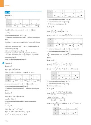226
Unidade 4
226 Unidade 4 – NEMA11PR (20152608)
Pág. 194
Proposta 61
61.1.
x −∞ 2
− 1 +∞
f ′ − 0 + 0 −
f 3
− 5
61.2. f é estritamente decrescente em ] ]
, 2
−∞ − e em
[ [
1, + ∞ .
f é estritamente crescente em [ ]
2, 1
− .
3
− é mínimo relativo para 2
x = − e 5 é máximo relativo para
1
x = .
61.3. Seja r a reta tangente ao gráfico de f no ponto de abcissa
2
− .
A reta r tem declive nulo pois ( )
2 0
f ′ − =e passa no ponto de
coordenadas ( )
2, 3
− − .
Então, r é definida pela equação 3
y = − .
Seja s a reta tangente ao gráfico de f no ponto de abcissa 1.
A reta s tem declive nulo pois ( )
1 0
f ′ = e passa no ponto de
coordenadas ( )
1,5 .
Então, s é definida pela equação 5
y = .
Proposta 62
62.1. f
D =R
( ) ( )
3 2
3 3 3
f x x x x
′
′ = − = −
( ) 2 2
0 3 3 0 1 1 1
f x x x x x
′ = ⇔ − = ⇔ = ⇔ = ∨ =
−
x −∞ 1
− 1 +∞
f ′ + 0 − 0 +
f 2 2
−
f é estritamente crescente em ] ]
, 1
−∞ − e em [ [
1, + ∞ .
f é estritamente decrescente em [ ]
1, 1
− .
2
− é mínimo relativo para 1
x = e 2 é máximo relativo para
1
x = − .
62.2. f
D =R
( ) ( )
3 2
3 3 1 9 3
f x x x x
′
′ =
− − + =
− −
( )
, 0
x f x
′
∀ ∈ 
R
f é estritamente decrescente em R e não tem extremos
relativos.
62.3. f
D =R
( ) ( )
4 3 3 2
4 4 12
f x x x x x
′
′ = − = −
( ) ( )
3 2 2
0 4 12 0 4 3 0
f x x x x x
′ = ⇔ − = ⇔ − =
2
4 3 0 0 3
x x x x
⇔ ∨ − = ⇔ = ∨ =
x −∞ 0 3 +∞
f ′ − 0 − 0 +
f 0 27
−
f é estritamente decrescente em ] ]
, 3
−∞ .
f é estritamente crescente em [ [
3, + ∞ .
27
− é mínimo relativo para 3
x = .
62.4. f
D =R
( )
3 2
2
2 1 2
3 2
x x
f x x x x
′
 
′ = − − + = − −
 
 
( ) 2 1 1 8
0 2 0 2 1
2
f x x x x x x
± +
′ = ⇔ − − = ⇔ = ⇔ = ∨ = −
x −∞ 1
− 2 +∞
f ′ + 0 − 0 +
f
13
6
7
3
−
f é estritamente crescente em ] ]
, 1
−∞ − e em [ [
2, + ∞ .
f é estritamente decrescente em [ ]
1, 2
− .
7
3
− é mínimo relativo para 2
x = e
13
6
é máximo relativo para
1
x = − .
62.5. f
D +
= R
( )
2 2
2 2
1 1 1 1
´ 1
x x
f x x
x x x x
′ ′
 
+ −
 
= = + =− =
   
 
 
( )
2
2
2
1
´ 0 0 1 0 1
x
f x x x x
x
+
−
= ⇔ = ⇔ − = ∧ ∈ ⇔ =
R
x 0 1 +∞
´
f n.d. − 0 +
f n.d. 2
f é estritamente decrescente em ] ]
0,1 .
f é estritamente crescente em [ [
1, + ∞ .
2 é mínimo relativo para 1
x = .
62.6. f
D =R
( )
( ) ( ) ( )
( )
2 2 2 2
2
2
2 2
1 1
1 1
x x x x
x
f x
x x
′ ′
′ + − +
 
′
= =
 
+
  +
( ) ( )
( ) ( )
2 2
2 2
2 2
2 1 2 2
1 1
x x x x x
x x
+ −
= =
+ +
( )
( )
( )
2
2
2
2
2
0 0 2 0 1 0 0
1
x
f x x x x
x
′ = ⇔ = ⇔ = ∧ + ≠ ⇔ =
+
x −∞ 0 +∞
f ′ − 0 +
f 0
NEMA11PR
©
Porto
Editora
 