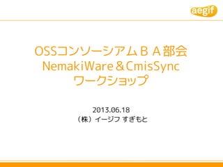 OSSコンソーシアムＢＡ部会
NemakiWare＆CmisSync
ワークショップ
2013.06.18
（株）イージフ すぎもと
 