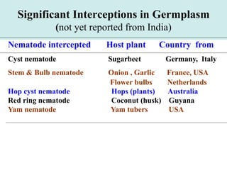 Significant Interceptions in Germplasm
(not yet reported from India)
Nematode intercepted Host plant Country from
Cyst nematode Sugarbeet Germany, Italy
Stem & Bulb nematode Onion , Garlic France, USA
Flower bulbs Netherlands
Hop cyst nematode Hops (plants) Australia
Red ring nematode Coconut (husk) Guyana
Yam nematode Yam tubers USA
 